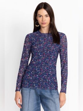 Johnny Was Floral Mesh Long-Sleeve Tee